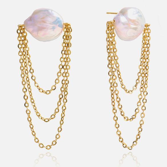 Wholesale Electroplated Geometric Stainless Steel Tassel Pearl Earrings For Women Light Luxury Minimalist Design