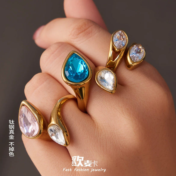 Wholesale Electroplated Geometric Stainless Steel Women's Water Drop Zircon Index Finger Rings Jewelry Accessories