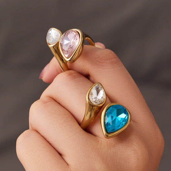 Wholesale Electroplated Geometric Stainless Steel Women's Water Drop Zircon Index Finger Rings Jewelry Accessories