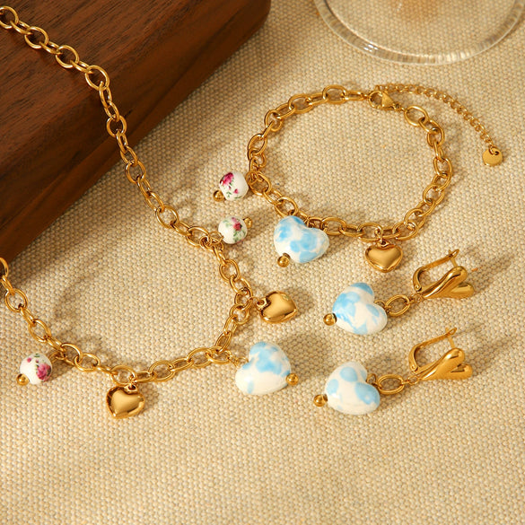 Wholesale Electroplated Stainless Steel And Ceramic Jewelry For Women With Heartshaped And Geometric Patterns Including Pendant Necklaces Bracelets And Earrings