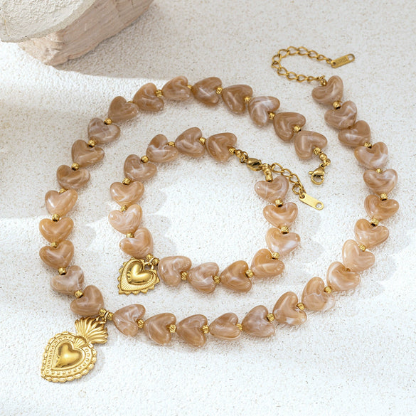 Wholesale Electroplated Stainless Steel And Titanium Steel Heart Beaded Sweater Chain Necklace For Women In Minimalist Ocean Series Style