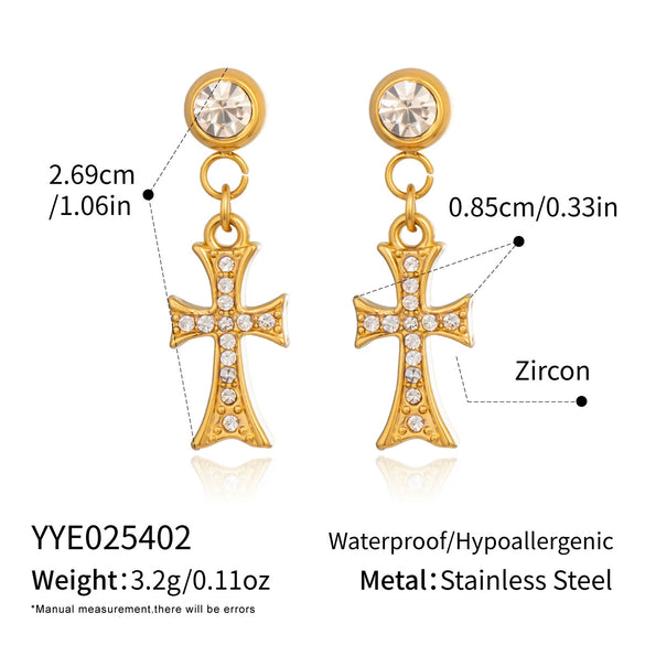 Wholesale Electroplated Stainless Steel Cross Crown Roman Numerals Inlaid Zircon Pendant Necklace And Earrings Set For Women
