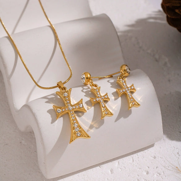 Wholesale Electroplated Stainless Steel Cross Crown Roman Numerals Inlaid Zircon Pendant Necklace And Earrings Set For Women
