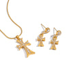 Wholesale Electroplated Stainless Steel Cross Crown Roman Numerals Inlaid Zircon Pendant Necklace And Earrings Set For Women