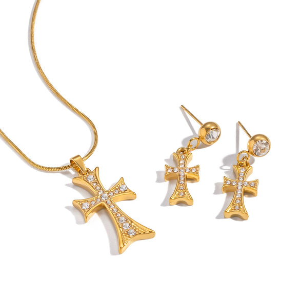 Wholesale Electroplated Stainless Steel Cross Crown Roman Numerals Inlaid Zircon Pendant Necklace And Earrings Set For Women