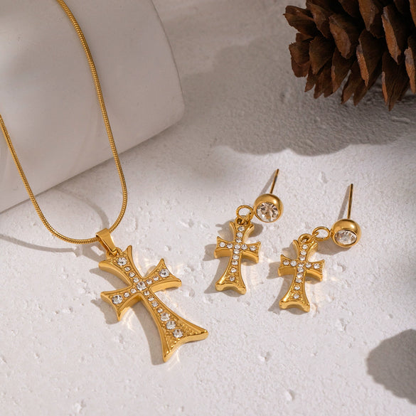 Wholesale Electroplated Stainless Steel Cross Crown Roman Numerals Inlaid Zircon Pendant Necklace And Earrings Set For Women