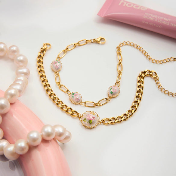 Wholesale Electroplated Stainless Steel Geometric And Floral Pattern Bracelet For Women
