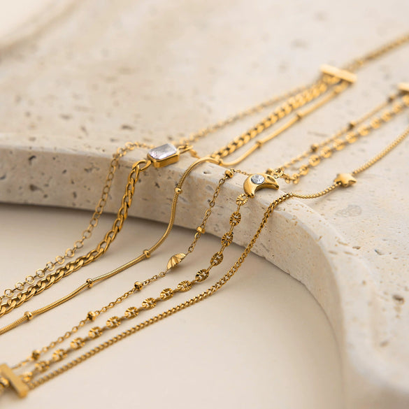 Wholesale Electroplated Stainless Steel Geometric Star And Moon Threelayer Zircon Bracelet For Women Minimalist Fashion Jewelry