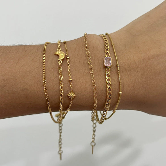 Wholesale Electroplated Stainless Steel Geometric Star And Moon Threelayer Zircon Bracelet For Women Minimalist Fashion Jewelry