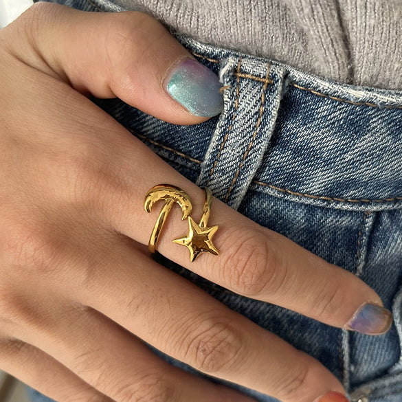 Wholesale Electroplated Stainless Steel Star Pattern Adjustable Open Ring For Women