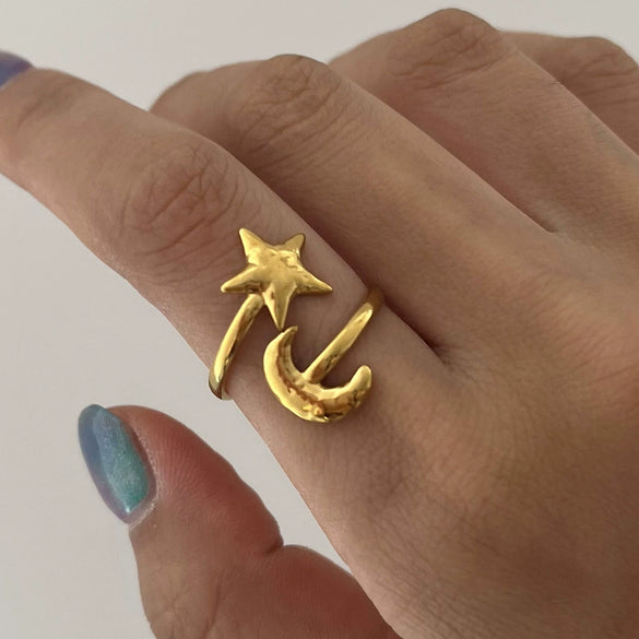 Wholesale Electroplated Stainless Steel Star Pattern Adjustable Open Ring For Women