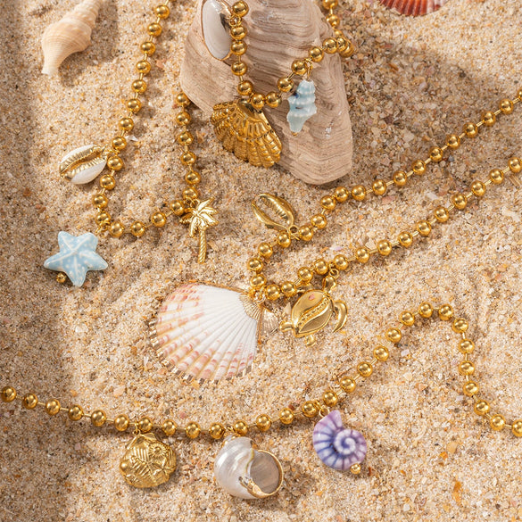 Wholesale Electroplated Titanium Steel Beaded Shell Ceramic Necklace For Women Sweet Cool Sexy Ins Nature Style