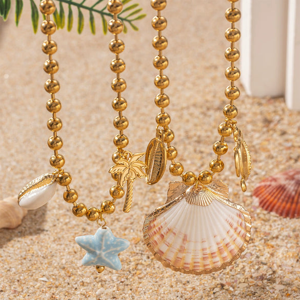 Wholesale Electroplated Titanium Steel Beaded Shell Ceramic Necklace For Women Sweet Cool Sexy Ins Nature Style