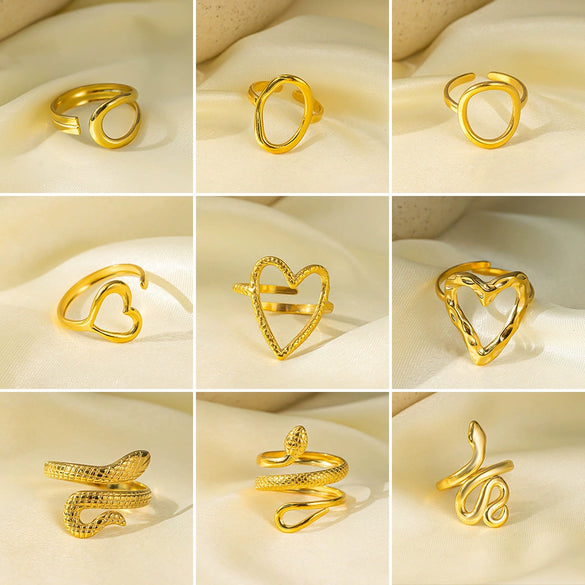 Wholesale Electroplated Titanium Steel Geometric Heart Flower Wave Shape Opening Adjustable Hollow Ring For Women