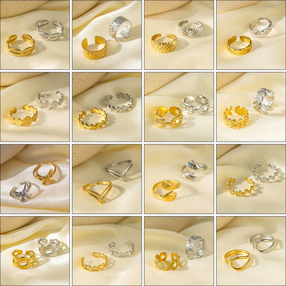 Wholesale Electroplated Titanium Steel Geometric Heart Flower Wave Shape Opening Adjustable Hollow Ring For Women