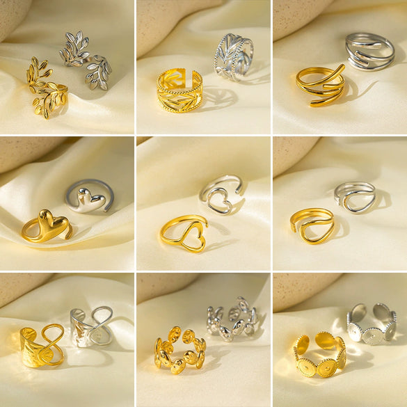 Wholesale Electroplated Titanium Steel Geometric Heart Flower Wave Shape Opening Adjustable Hollow Ring For Women
