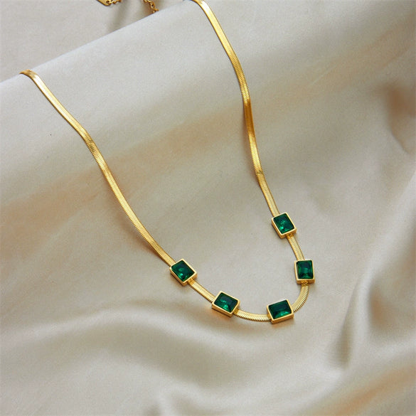 Wholesale Elegant All Match Gold Two Color Snake Bone Chain Square Jewelry Necklace With Diamond Embedded Titanium Steel Geometric Pattern Electroplated