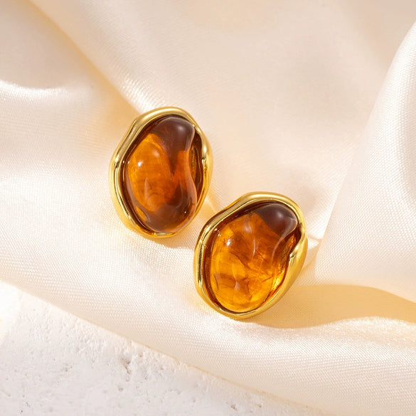 Wholesale Elegant Amber Titanium Steel Geometric Earrings Plated With 18K Gold