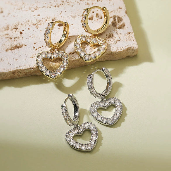 Wholesale Elegant Copper Inlaid Zirconium Heartshaped Hollow Love Earrings For Women