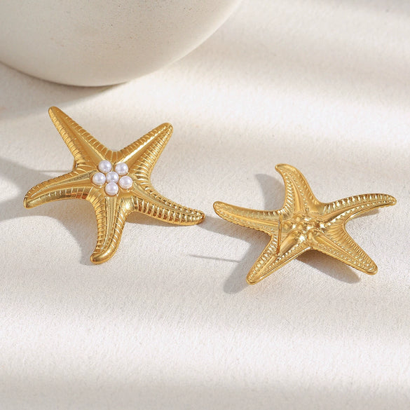 Wholesale Elegant Creative Retro Light Luxury Stainless Steel 18K Gold Plated Starfish Imitation Pearl Earrings With Electroplating For Women