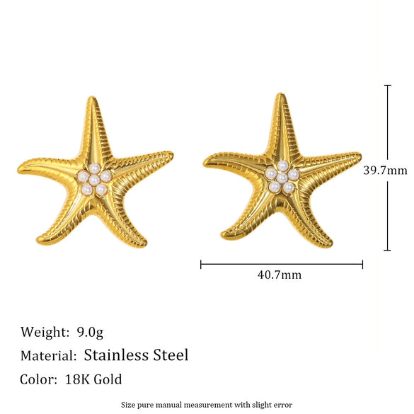 Wholesale Elegant Creative Retro Light Luxury Stainless Steel 18K Gold Plated Starfish Imitation Pearl Earrings With Electroplating For Women