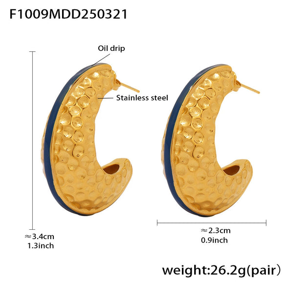 Wholesale Elegant Cshaped Hammer Pattern Oil Drop Titanium Steel Earrings For Women With Electroplating Design