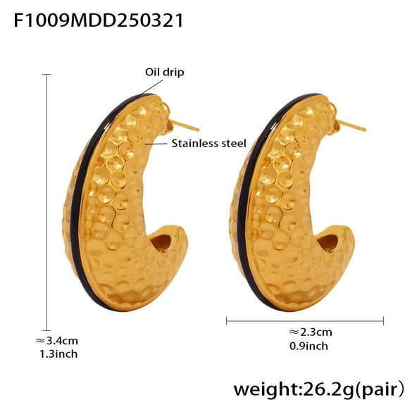 Wholesale Elegant Cshaped Hammer Pattern Oil Drop Titanium Steel Earrings For Women With Electroplating Design