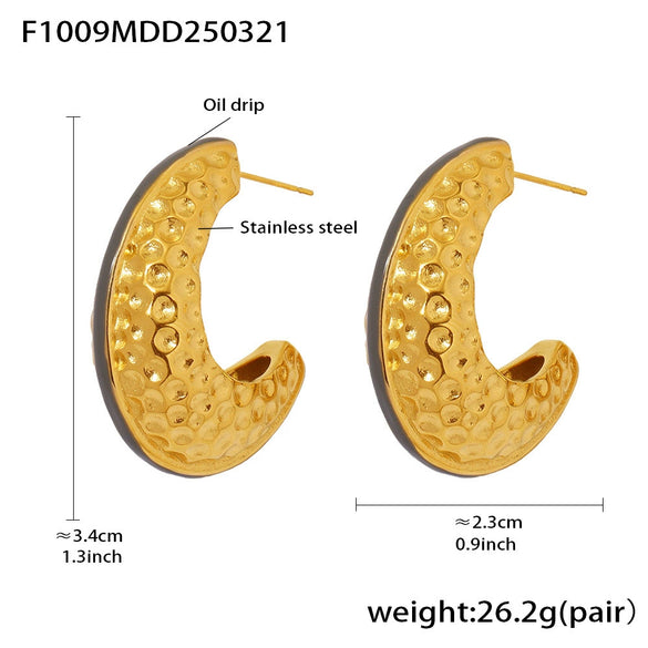 Wholesale Elegant Cshaped Hammer Pattern Oil Drop Titanium Steel Earrings For Women With Electroplating Design
