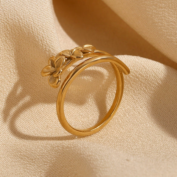 Wholesale Elegant Double Layer Three Flowers Open Ring Stainless Steel 18K Gold Plated Casting Jewelry With Geometric Styling For Women
