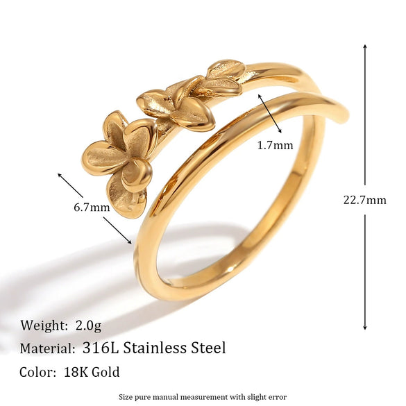 Wholesale Elegant Double Layer Three Flowers Open Ring Stainless Steel 18K Gold Plated Casting Jewelry With Geometric Styling For Women