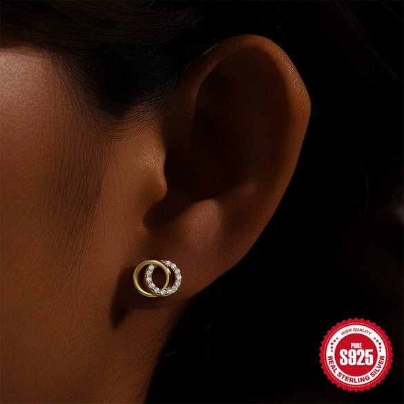Wholesale Elegant Double Ring Geometric Stud Earrings 925 Sterling Silver Diamondembedded Electroplated For Women