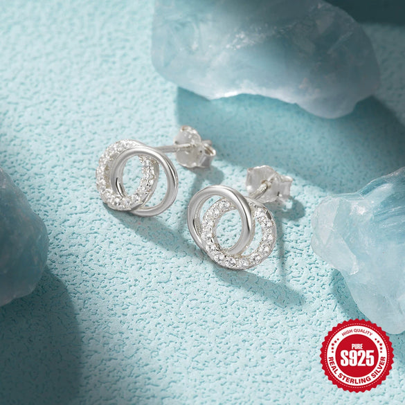 Wholesale Elegant Double Ring Geometric Stud Earrings 925 Sterling Silver Diamondembedded Electroplated For Women