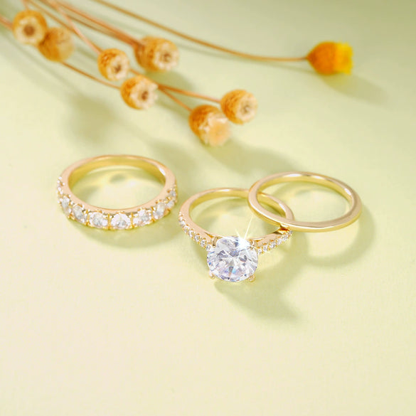 Wholesale Elegant Geometric Copper Ring Threepiece Set With Zirconia