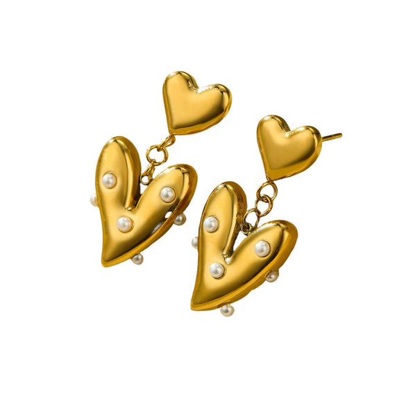 Wholesale Elegant Geometric Glossy Heart Inlaid Pearl Stainless Steel Earrings For Women