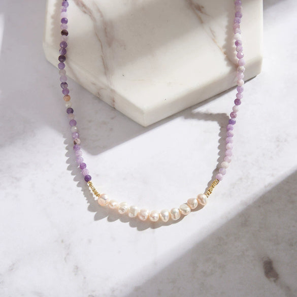 Wholesale Elegant Geometric Natural Stone Series Necklace With Purple Mica Freshwater Pad Sterling Silver Electroplating