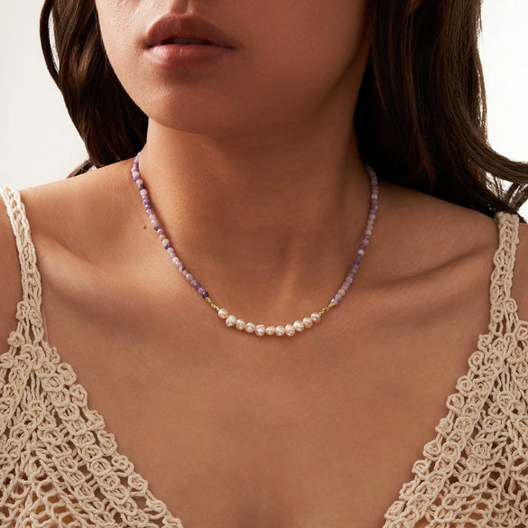 Wholesale Elegant Geometric Natural Stone Series Necklace With Purple Mica Freshwater Pad Sterling Silver Electroplating