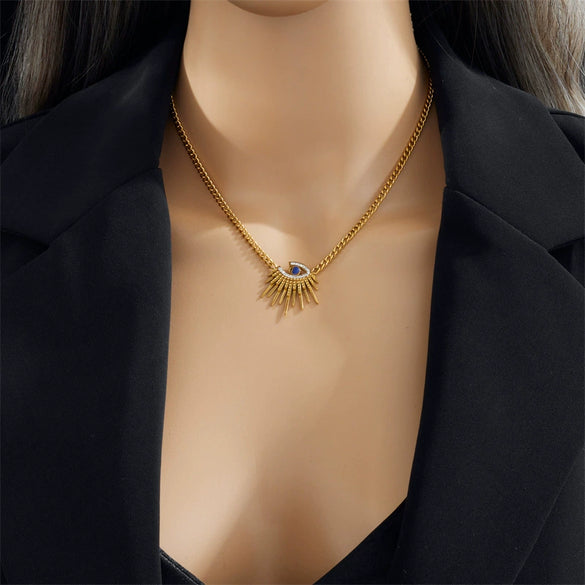 Wholesale Elegant High Irregular Geometric Blue Eyes Diamond Pendant Titanium Steel Necklace With Electroplating