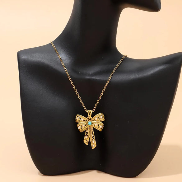 Wholesale Elegant Lady Streetwear Bow Knot Copper Inlay 18K Gold Plated Imitation Pearl Turquoise Pendant Necklace