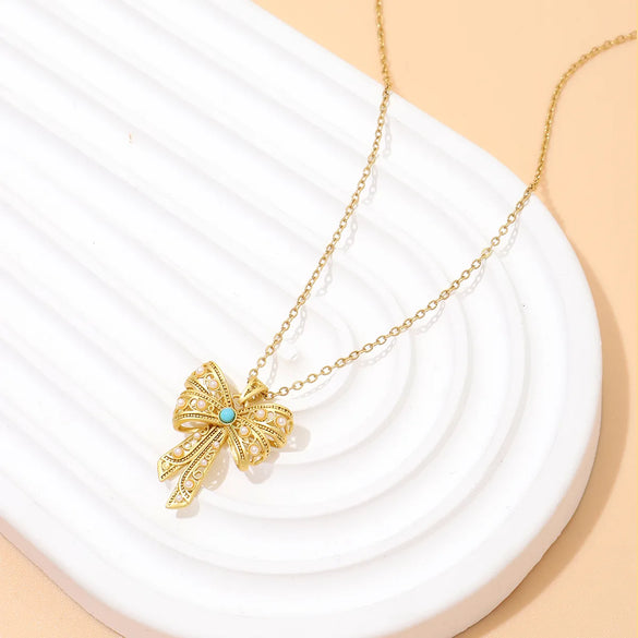 Wholesale Elegant Lady Streetwear Bow Knot Copper Inlay 18K Gold Plated Imitation Pearl Turquoise Pendant Necklace