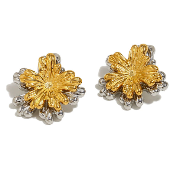 Wholesale Elegant Light Luxury Design Irregular Stainless Steel 18K Gold Plated Double Leaf Flower Earrings For Women