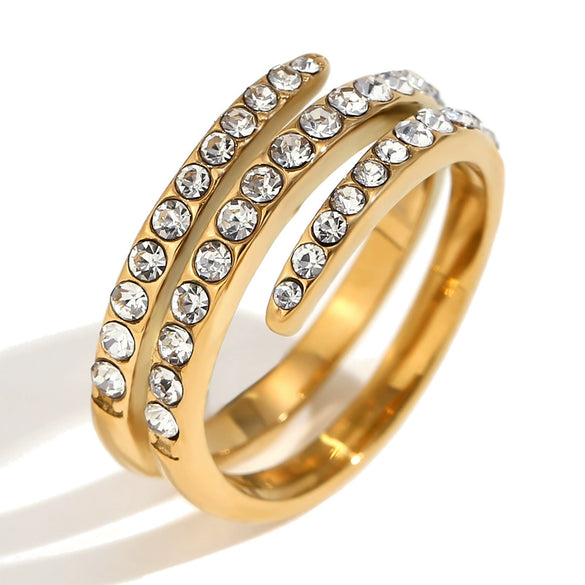 Wholesale Elegant Light Luxury Jewelry Stainless Steel 18K Gold Plated Three Layer Micro White Diamond Ring For Women Geometric Design