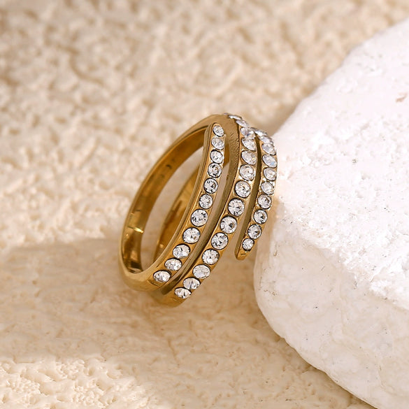 Wholesale Elegant Light Luxury Jewelry Stainless Steel 18K Gold Plated Three Layer Micro White Diamond Ring For Women Geometric Design