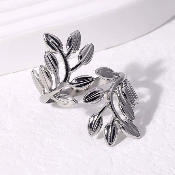 Wholesale Elegant Light Luxury Stainless Steel Ring With Branch Leaf Pattern 18K Gold Plated For Women