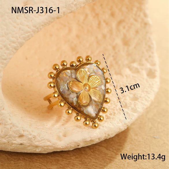 Wholesale Elegant Light Luxury Style Titanium Steel Ring With Heart Flower Geometric Pattern 18K Gold Electroplated For Women