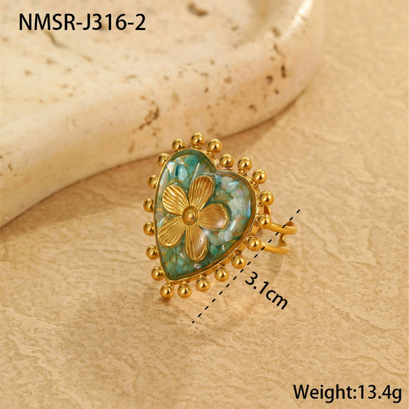 Wholesale Elegant Light Luxury Style Titanium Steel Ring With Heart Flower Geometric Pattern 18K Gold Electroplated For Women