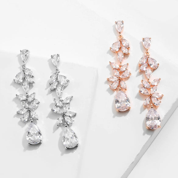 Wholesale Elegant Light Luxury Women's Fashion Long Flower Earrings Copper Microinlaid Zircon Electroplated