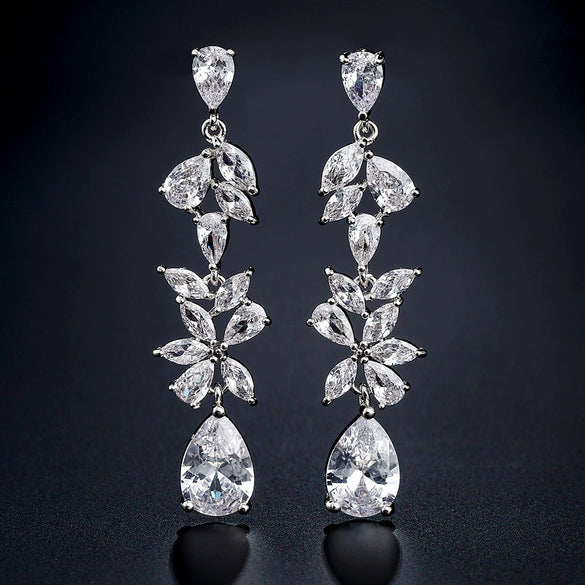 Wholesale Elegant Light Luxury Women's Fashion Long Flower Earrings Copper Microinlaid Zircon Electroplated
