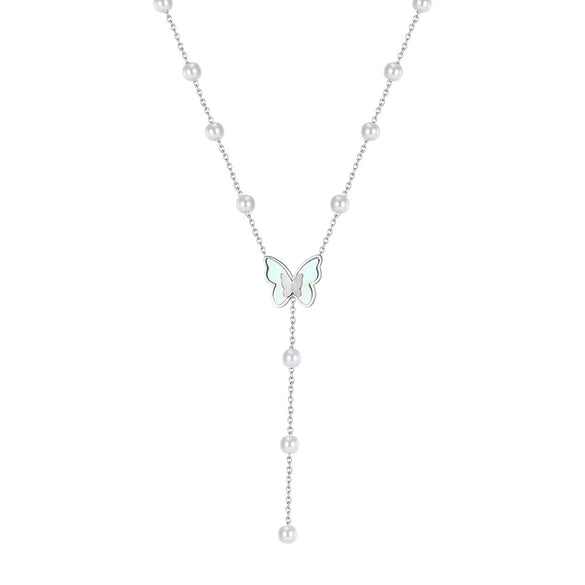 Wholesale Elegant Minimalist Geometric Pearl Necklace With Butterfly Pendant For Women Electroplated Calendering Chain