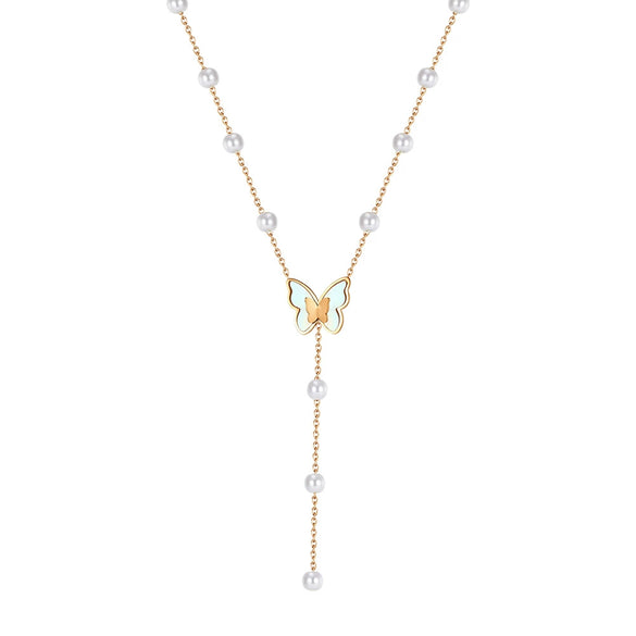 Wholesale Elegant Minimalist Geometric Pearl Necklace With Butterfly Pendant For Women Electroplated Calendering Chain