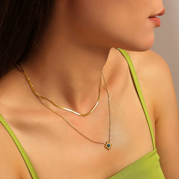 Wholesale Elegant Natural Colored Gem And 316L Stainless Steel Electroplated Earrings And Necklace Set With Sunflower Design